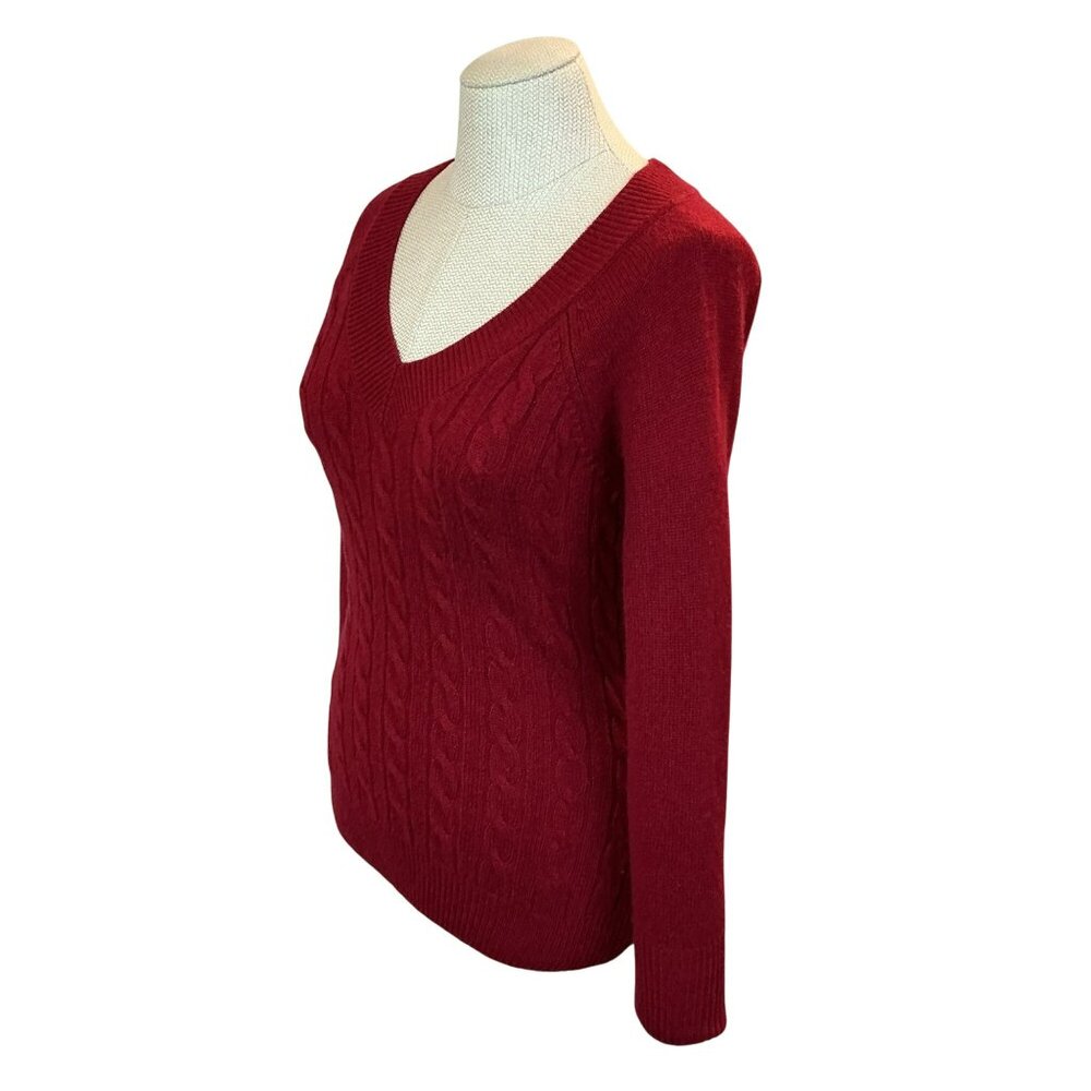 Caslon Petite M Red V-Neck Cable Knit Sweater 100% Cashmere Long Sleeve - Picture 4 of 10